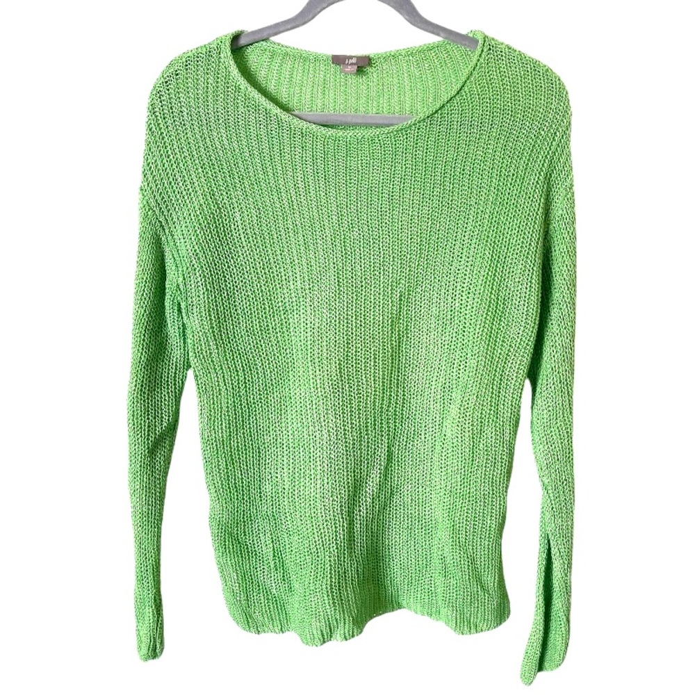 J. Jill Linen Blend Bright Green Open Knit Crewneck Sweater Size M‎